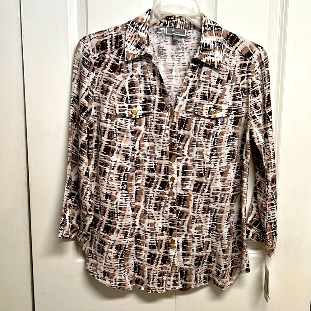 JM Collection Shades of Brown White Abstract Print Linen Mid Sleeve Top 4P NWT